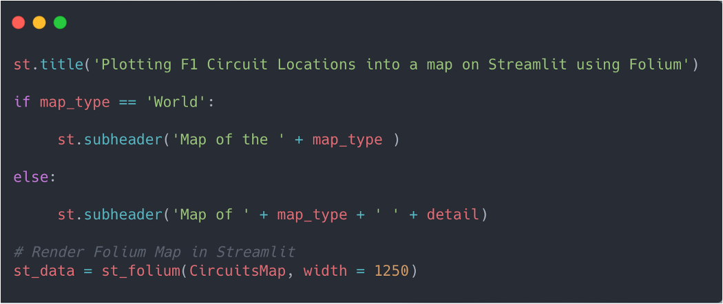 Finally putting everything together and show the final Streamlit application with the Folium map, showing the circuits in the selected area.