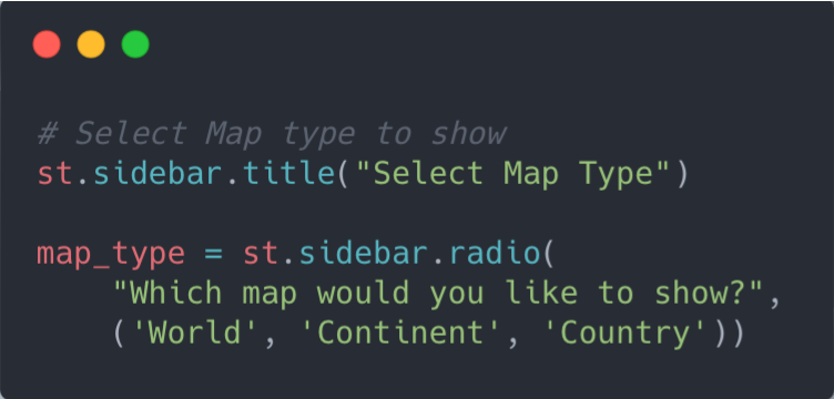 Adding filter(s) - Radio button to select between the World, a possible Continent and a possible Country